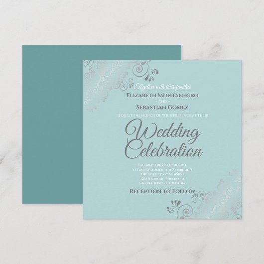 Silver Filigree Elegante Aquamarine Hochzeit Einladung (Vorne/Hinten)