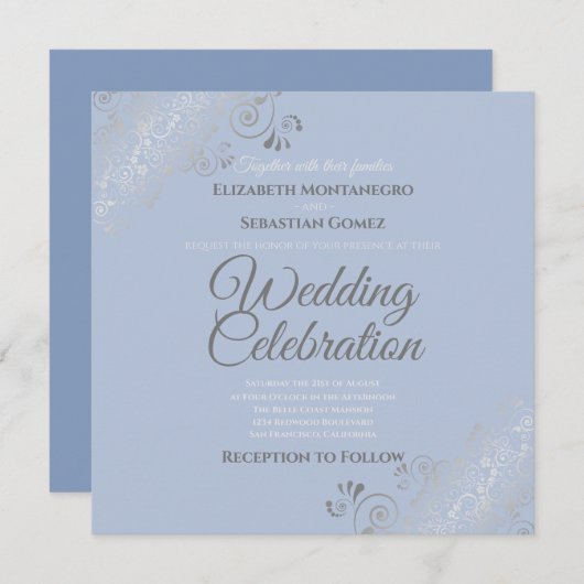 Silver Filigree Elegante Blue Gray Square Wedding Einladung (Vorne/Hinten)