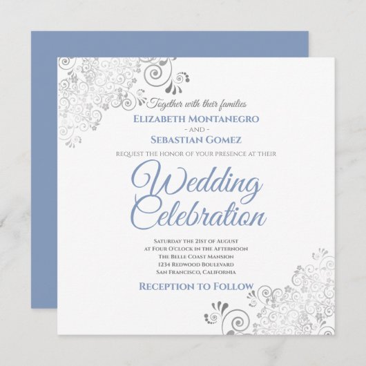 Silver Filigree Elegante Blue Gray Square Wedding Einladung (Vorne/Hinten)