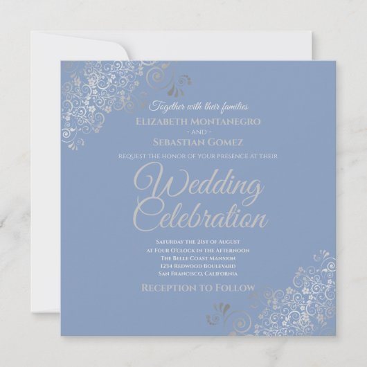 Silver Filigree Elegante Blue Square Wedding Einladung (Vorderseite)