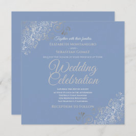 Silver Filigree Elegante Blue Square Wedding Einladung