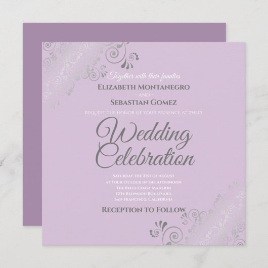 Silver Filigree Elegante Lavender Square Wedding Einladung (Vorne/Hinten)
