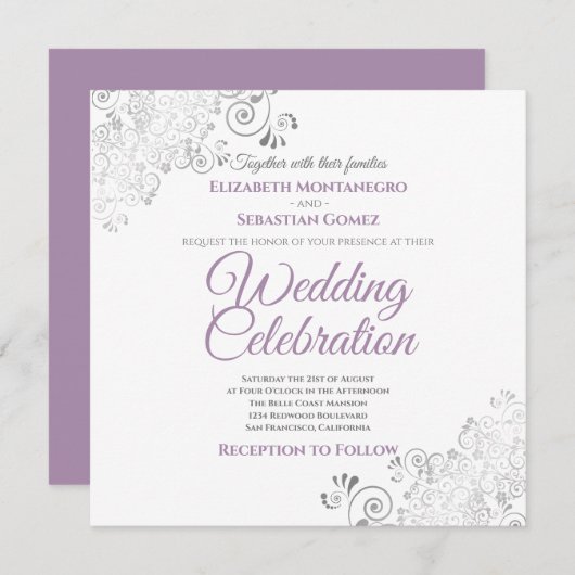 Silver Filigree Elegante Lila Square Wedding Einladung (Vorne/Hinten)