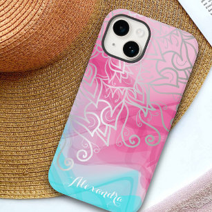 Silver Filigree Henna Ornamente auf rosa Türkis Case-Mate iPhone 14 Hülle