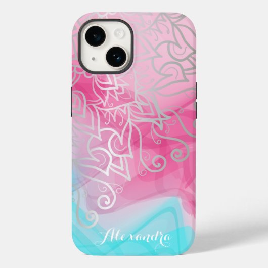 Silver Filigree Henna Ornamente auf rosa Türkis Case-Mate iPhone Hülle (Rückseite)