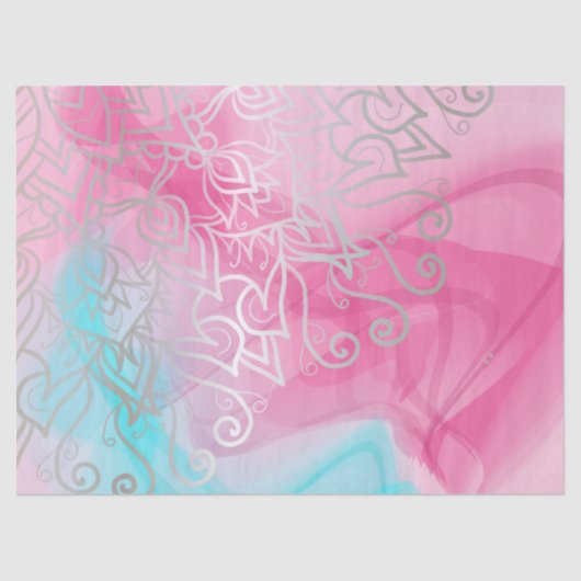 Silver Filigree Henna Ornamente auf rosa Türkis Seidenpapier (Vorderseite)