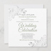 Silver Filigree Sage Green & White Square Wedding Einladung (Vorderseite)