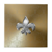Silver Fleur-De-Lis auf Gold Damask Fliese (Vorderseite)
