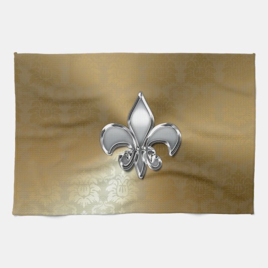 Silver Fleur-De-Lis auf Gold Damask Geschirrtuch (Horizontal)