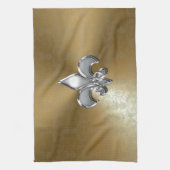 Silver Fleur-De-Lis auf Gold Damask Geschirrtuch (Vertikal)