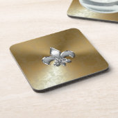 Silver Fleur-De-Lis auf Gold Damask Getränkeuntersetzer (Linke Seite)
