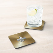 Silver Fleur-De-Lis auf Gold Damask Getränkeuntersetzer (Rechte Seite)