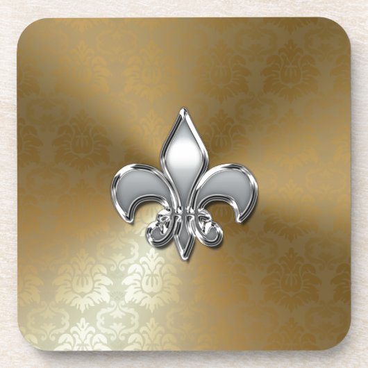 Silver Fleur-De-Lis auf Gold Damask Getränkeuntersetzer (Vorderseite)