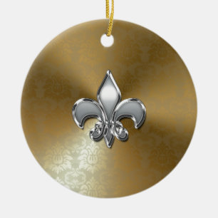 Silver Fleur-De-Lis auf Gold Damask Keramikornament