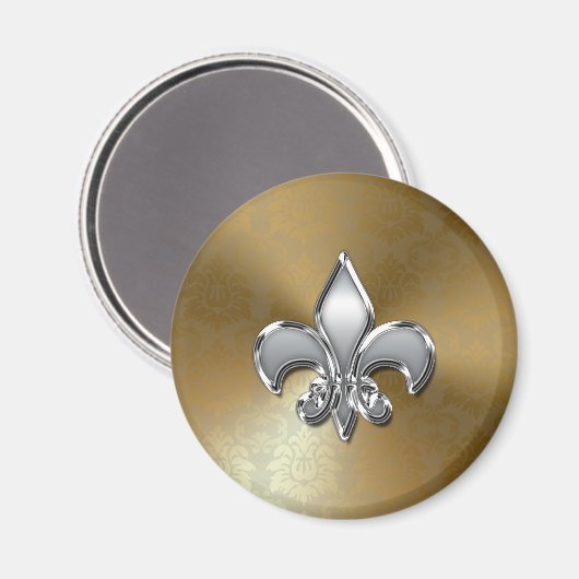 Silver Fleur-De-Lis auf Gold Damask Magnet (Vorderseite/Rückseite)