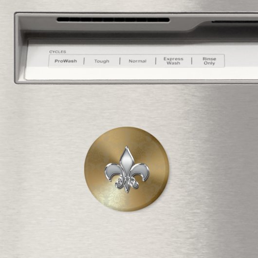 Silver Fleur-De-Lis auf Gold Damask Magnet (In Situ (Geschirrspüler))