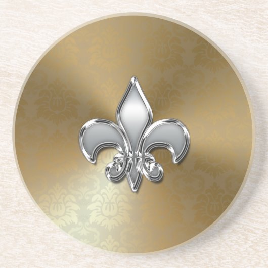 Silver Fleur-De-Lis auf Gold Damask Untersetzer (Vorne)