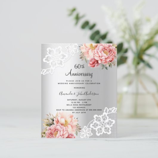 Silver floral 60. Hochzeitstag Einladung (Stehend Vorderseite)