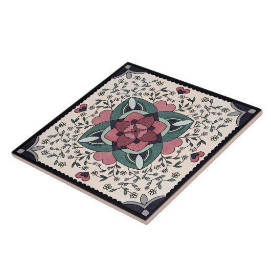 Silver Floral Bloom Retro Mandala Keramik Tile Fliese (Seite)