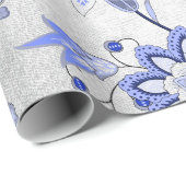 Silver Floral Blue Gray Sapphire Cobalt Ornamental Geschenkpapier (Rolleneckpunkt)