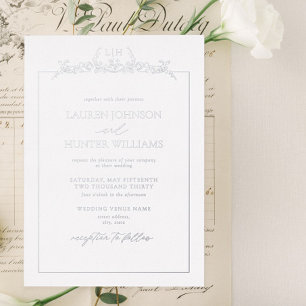 Silver Floral Border Monogram Wedding Folieneinladung