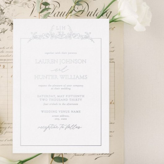 Silver Floral Border Monogram Wedding Folieneinladung