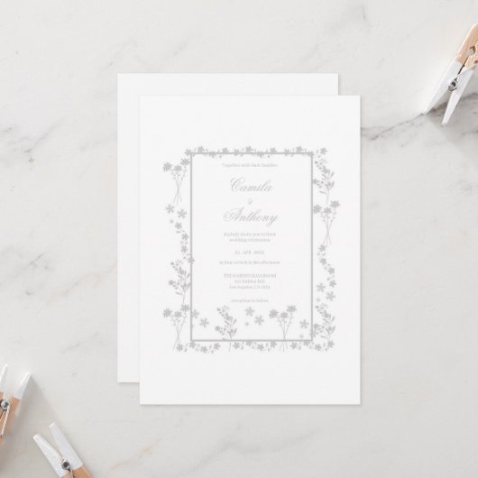 Silver Floral Border Wedding Einladung (Vorderseite/Rückseite Beispiel)