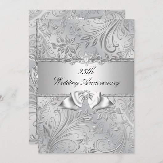 Silver Floral & Bow 25. Hochzeitstag Einladung (Vorne/Hinten)