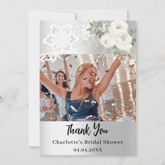 Silver floral Brautparty Foto danke Karte (Vorderseite)