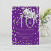 Silver Floral & Confetti 40. Geburtstag Lila Einladung (Stehend Vorderseite)