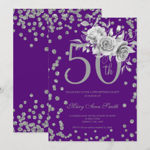Silver Floral & Confetti 50. Geburtstag Lila  Einladung