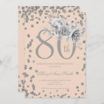 Silver Floral & Confetti 80th Birthday Blush  Einladung<br><div class="desc">Elegante 80. Geburtstagsparty Silver Floral & Glitzer Confetti Einladung Vorlage. Mit einer modernen Blume.</div>