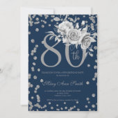 Silver Floral & Confetti 80th Birthday Navy Einladung (Vorderseite)