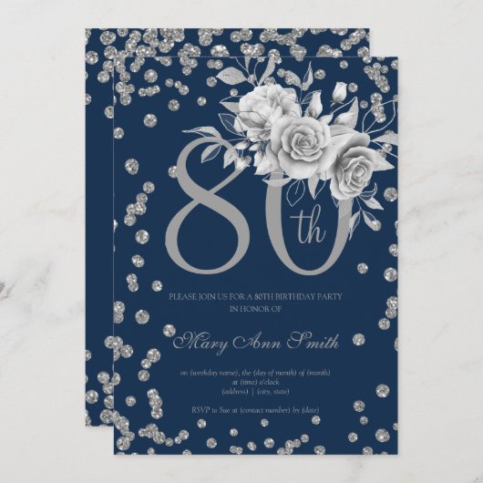 Silver Floral & Confetti 80th Birthday Navy Einladung (Vorne/Hinten)