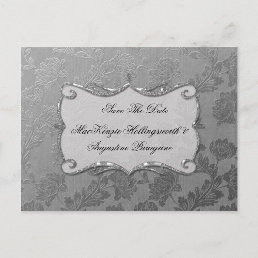 Silver Floral Damask Save the Date Ankündigungspostkarte (Vorderseite)