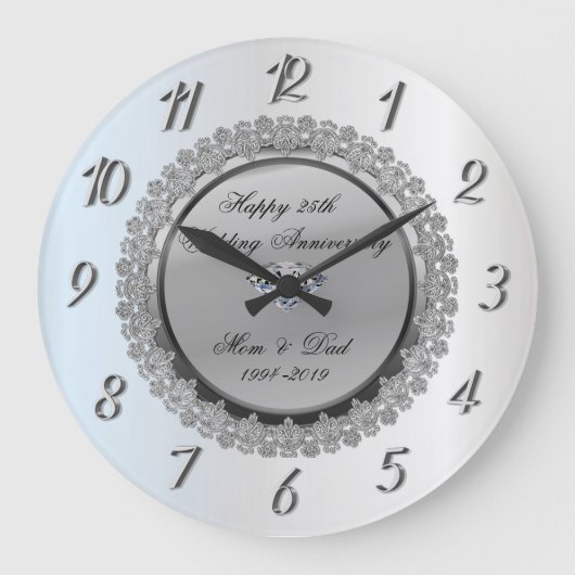 Silver Floral Diamond25. Hochzeitstag Große Wanduhr (Vorderseite)