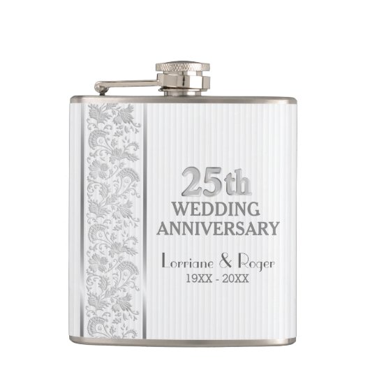 Silver Floral Elegance 25. Hochzeitstag Flachmann (Vorderseite)