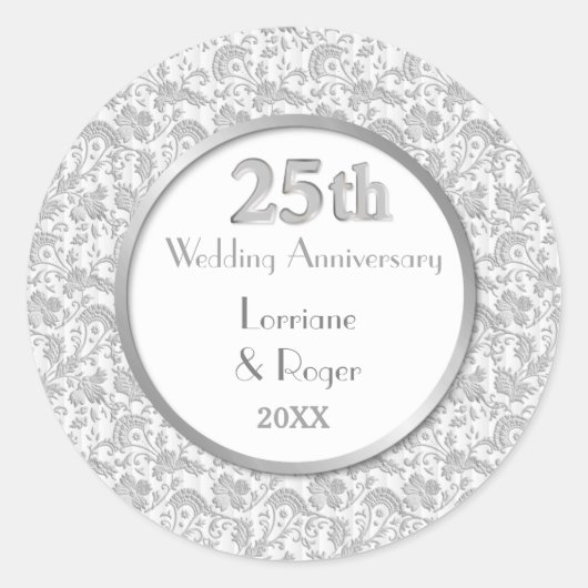 Silver Floral Elegance 25. Hochzeitstag Runder Aufkleber (Vorderseite)