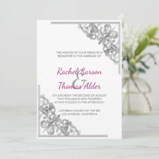 Silver Floral Frame Wedding Einladung (Stehend Vorderseite)