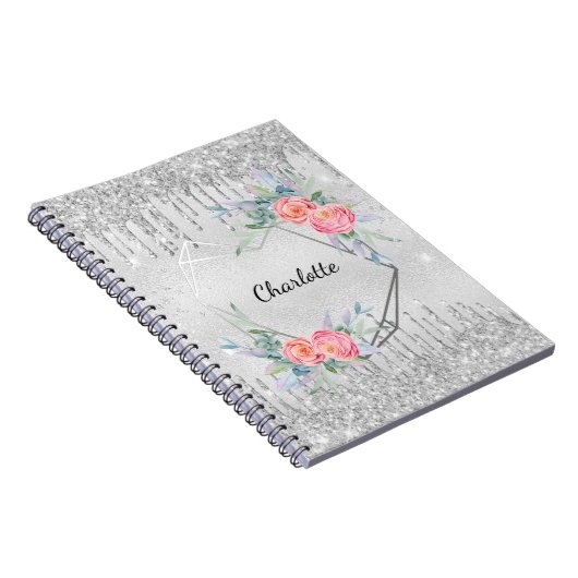 Silver floral Glitzer rot Rosa Name geometrisch Notizblock (Rechte Seite)