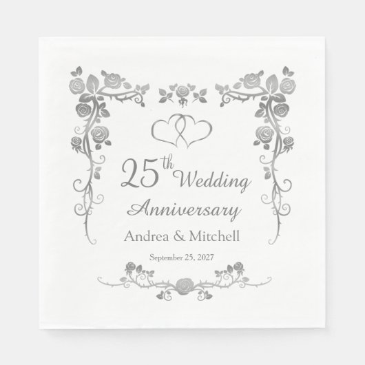 Silver Floral Hearts 25. Hochzeitstag Serviette (Vorderseite)