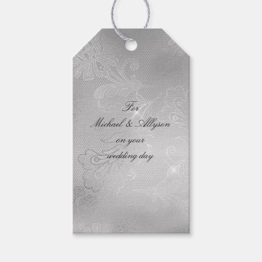Silver Floral Lace Wedding Geschenkanhänger (Vorderseite)