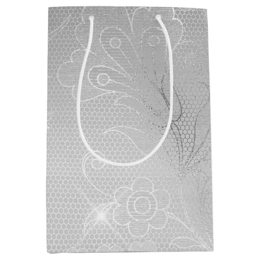 Silver Floral Lace Wedding Mittlere Geschenktüte (Vorderseite)