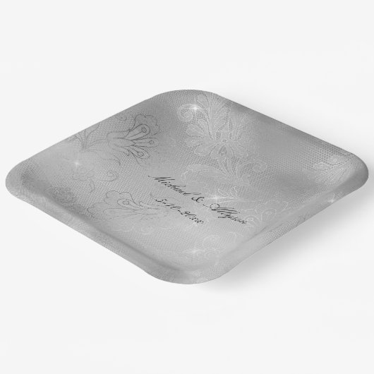 Silver Floral Lace Wedding Pappteller (Gewinkelt)