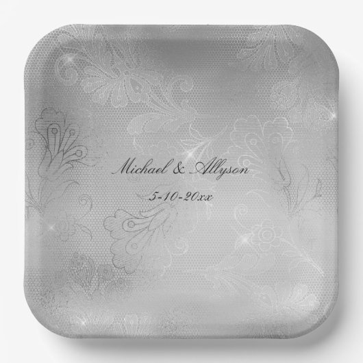Silver Floral Lace Wedding Pappteller (Vorderseite)