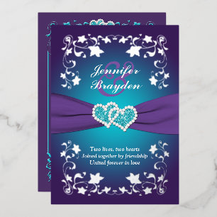 Silver Floral, Lila, Aquamarine Herzen 2 Folieneinladung