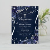 Silver Floral Navy Butterfly Boy Taufe Folieneinladung (Stehend vorne)