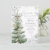 Silver Floral Snow In Love Christmas Tree Birthday Einladung (Stehend Vorderseite)
