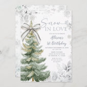 Silver Floral Snow In Love Christmas Tree Birthday Einladung (Vorne/Hinten)