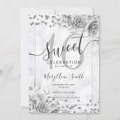 Silver Floral Sweet 16 Birthday Marmor Glitzer Einladung (Vorderseite)